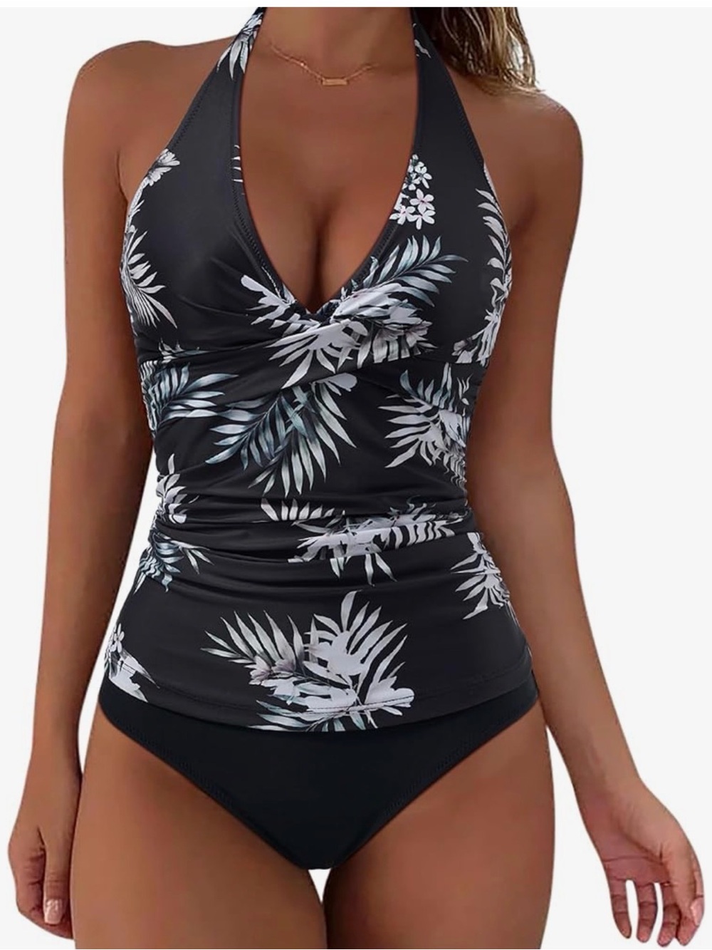 Black Floral Halter Tankini Top and Brief Swim Set